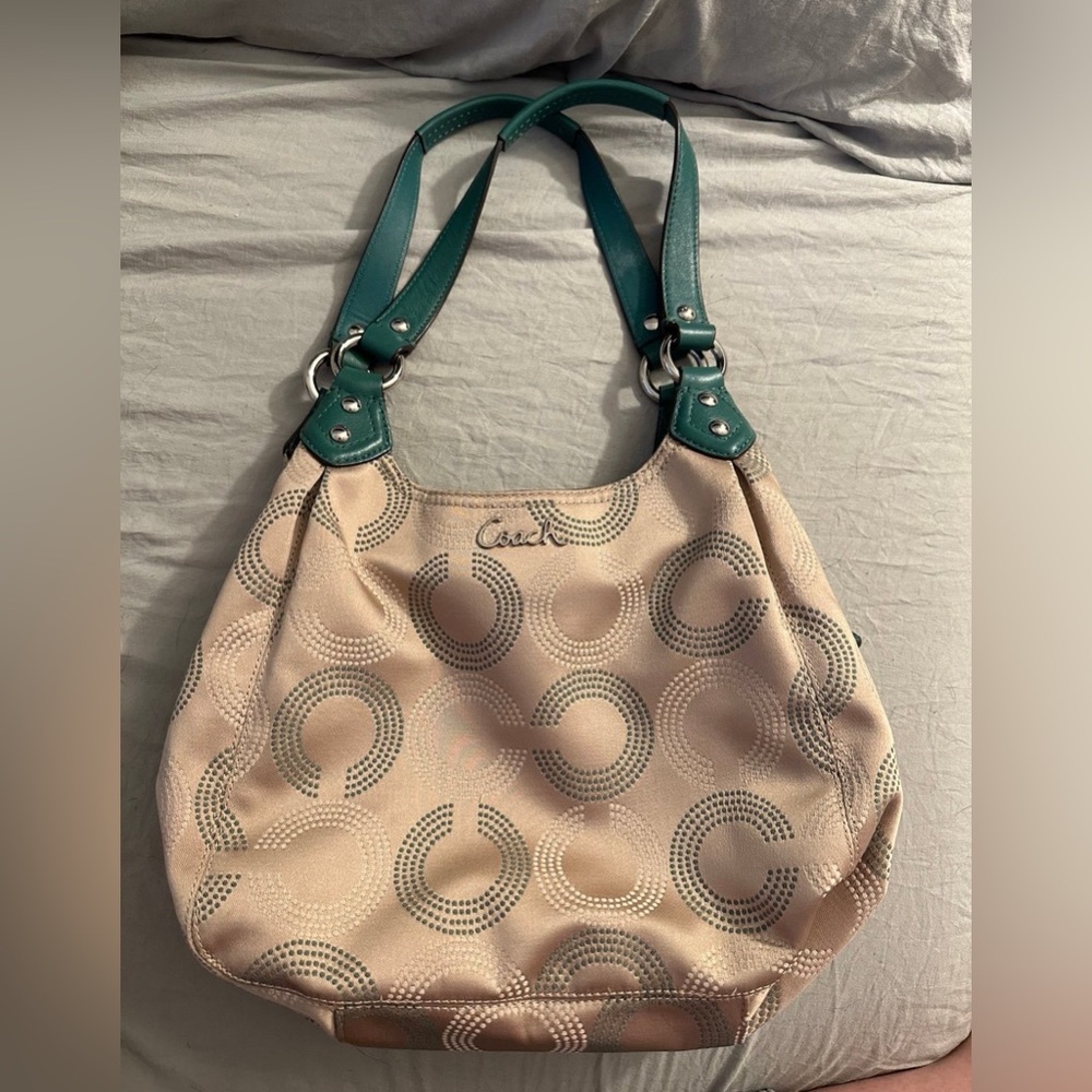 Coach F21920 Op Art Dotted Ashley Hobo Shoulder Handbag Khaki Teal Purse Bag